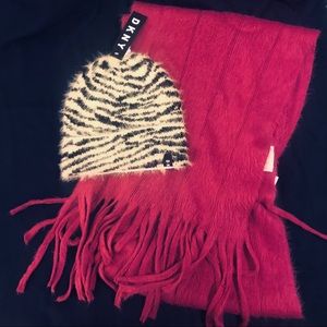 DKNY Tiger Beanie Cap & Faux Angora Scarf BUNDLE!